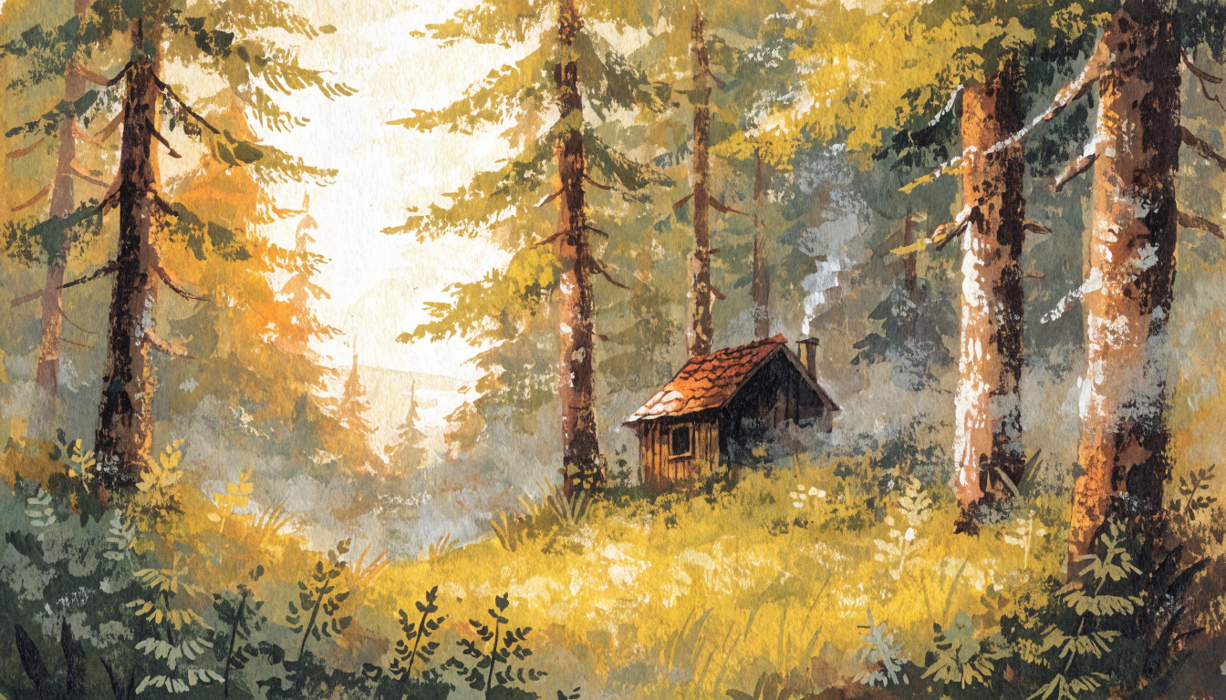 Cabane nichée dans une forêt de sapins au petit matin