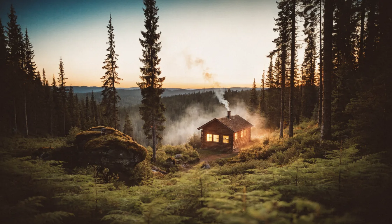 Cabane en bois illuminée nichée dans la forêt de sapins au crépuscule