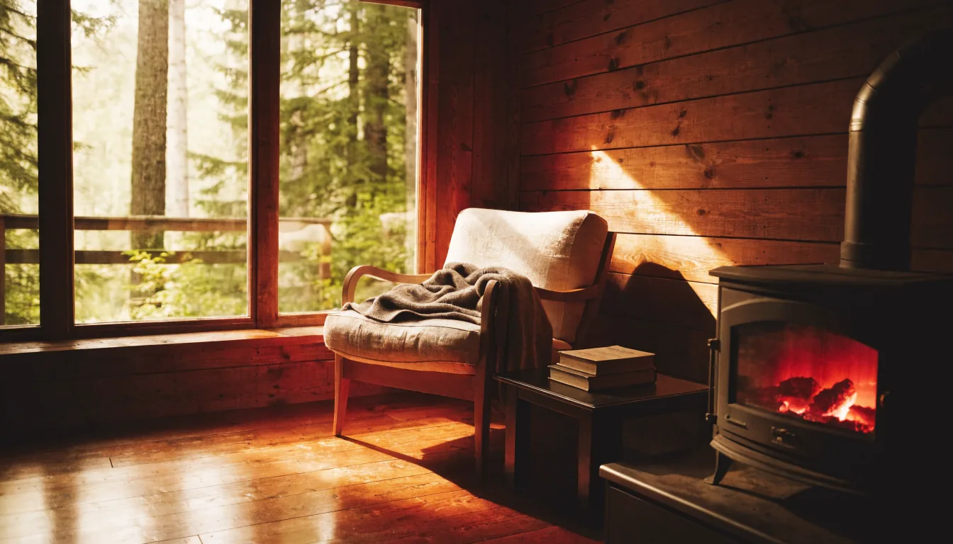Coin lecture cosy dans une cabane, fauteuil en lin face à la forêt