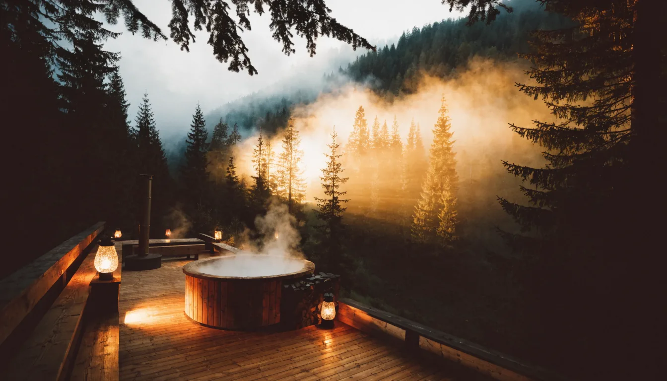 Bain nordique fumant sur une terrasse face à la forêt au crépuscule